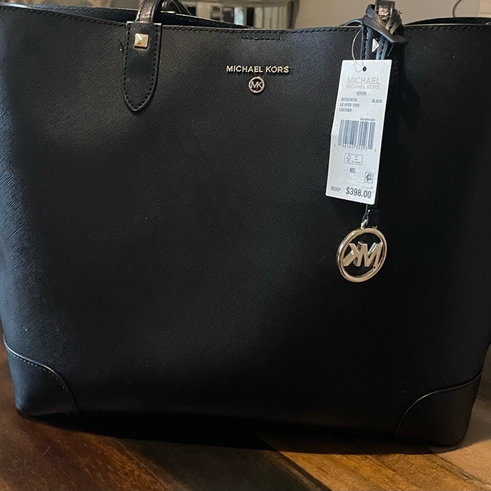 BRAND NEW Michael Kors Black Leather Tote with Gold Accents